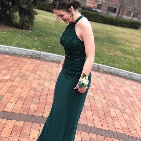 green halter neck prom dress